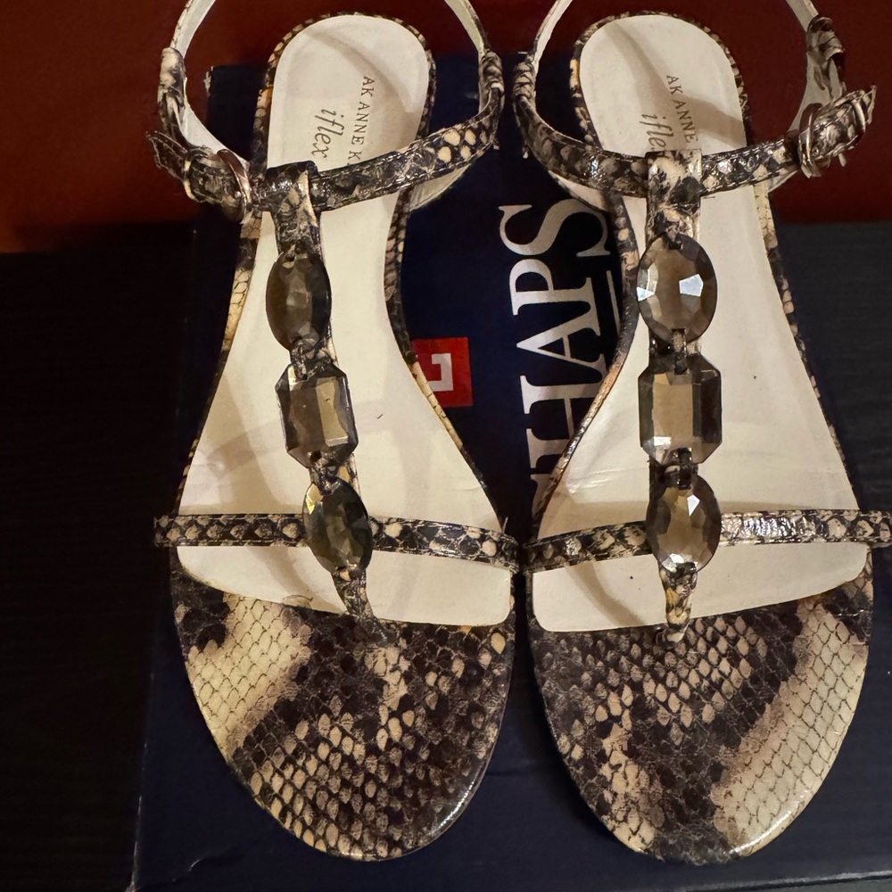 Chaps Women's Snakeskin Sandals - Black and Cream with Rhinestones.